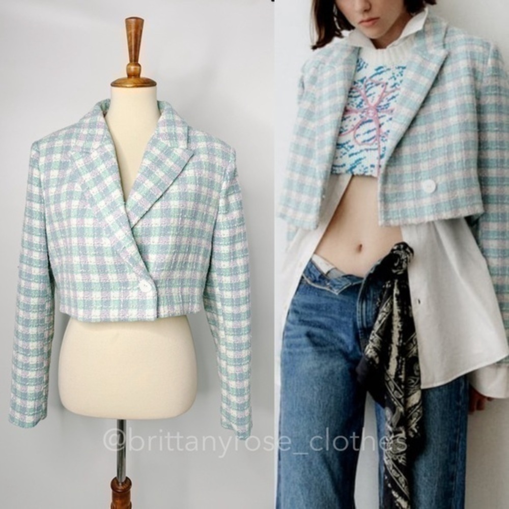 Zara Cropped Pastel Plaid Blazer in Mint & Lavender